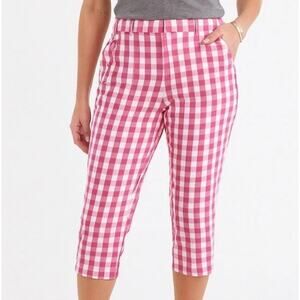 Time and Tru Fuchsia Pink White Gingham Check Capri Crop Pants Women's 14 Preppy